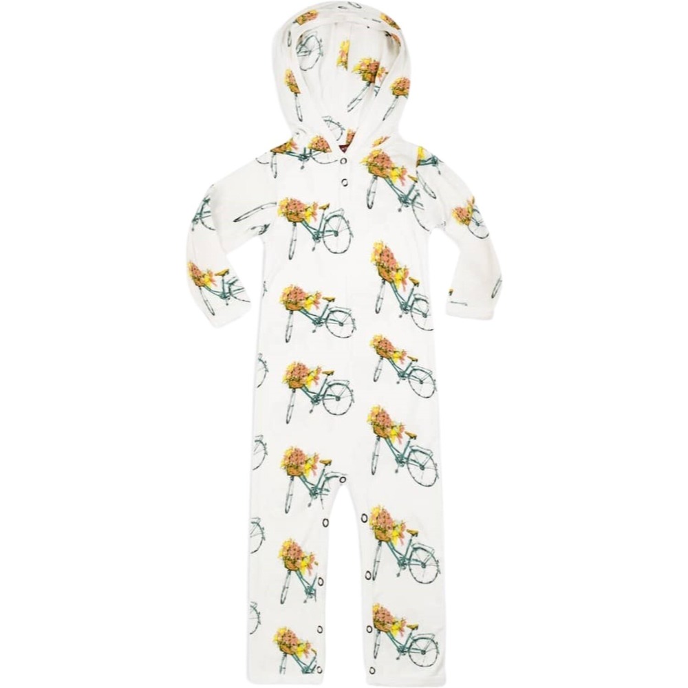 MilkBarn Hooded Romper 6 9 12 Mos Rayon Bamboo Bicycle Bike Outfit Girl Flowers